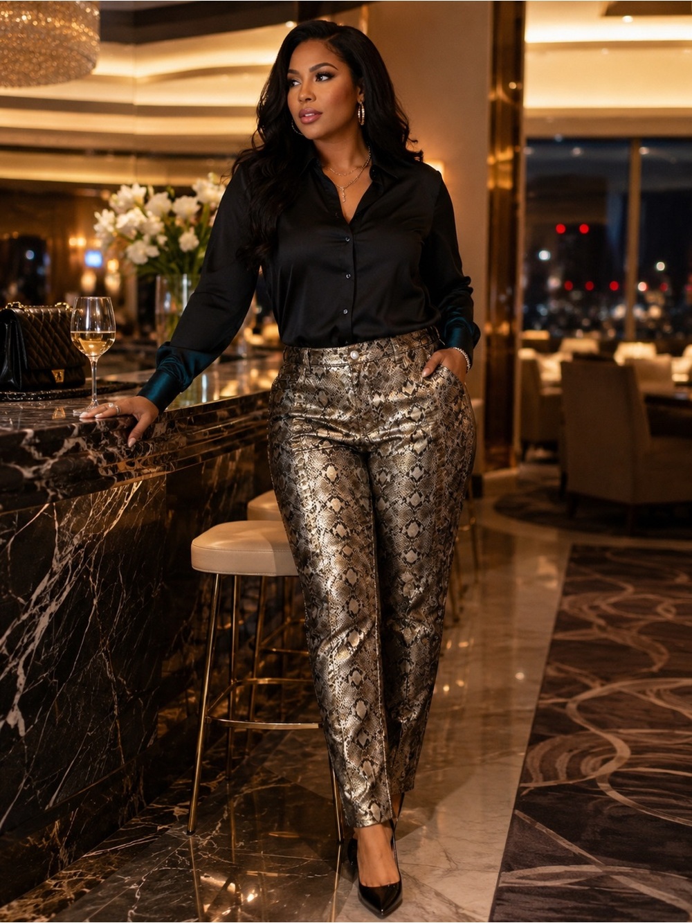 Metallic Snake-Print Straight Leg Pants in Gold. Fall 2026 Stylist pick.
